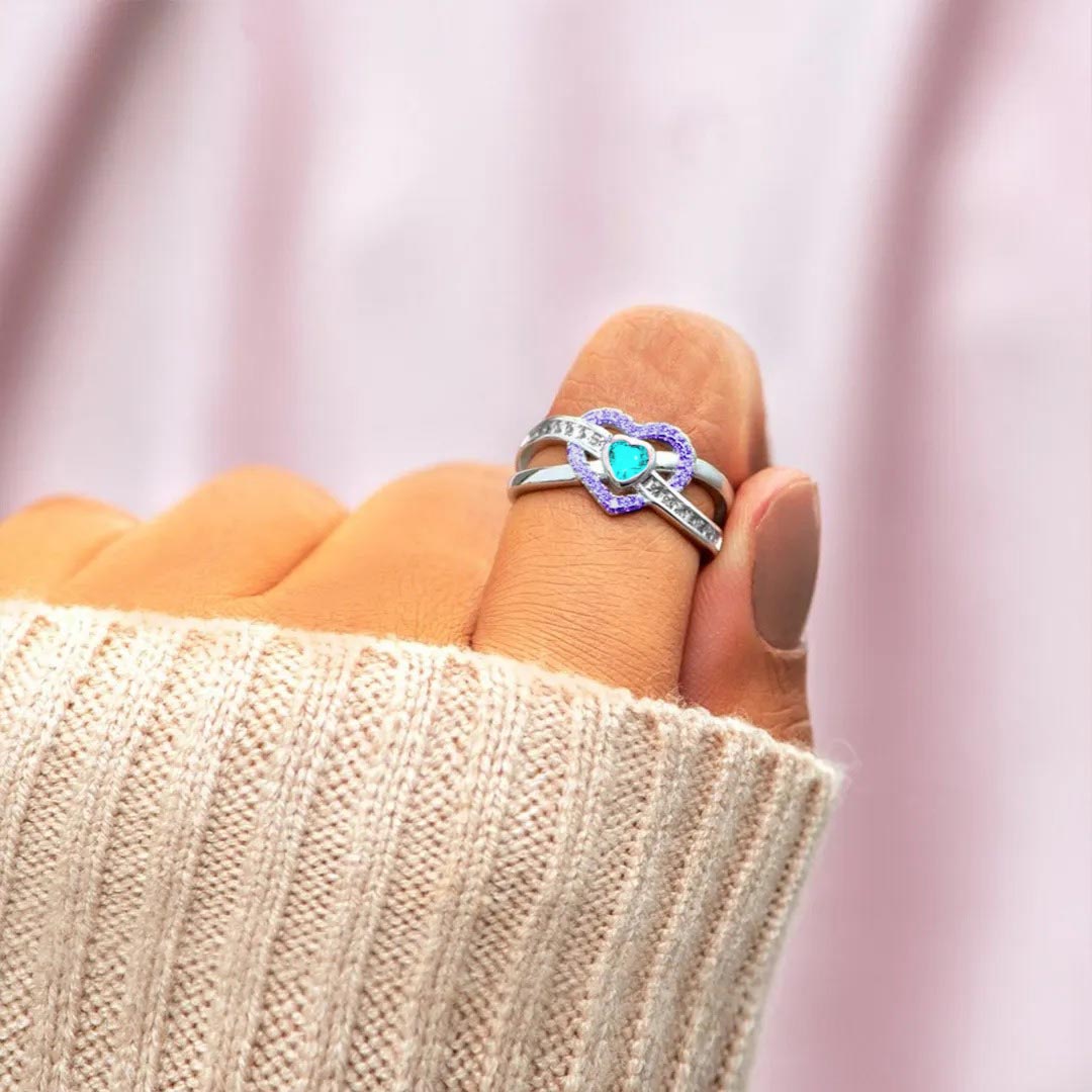 Teal & Purple Heart Ring | Støtt brystkreft